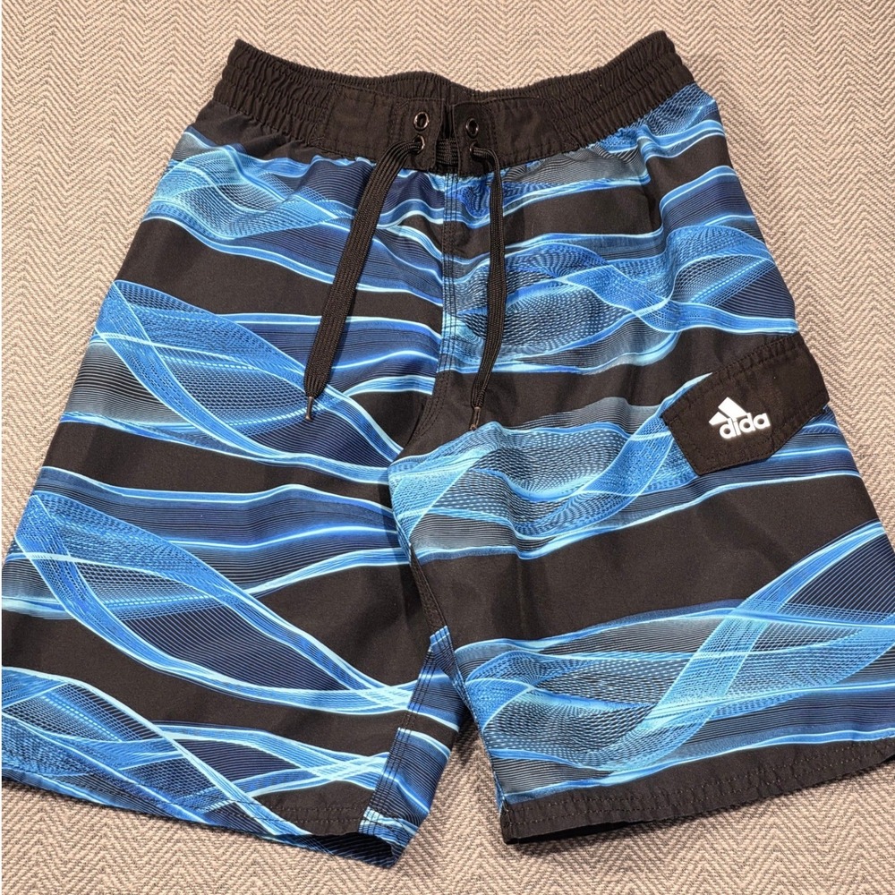Adidas Mens Blue Black Abstract Wave Graphic Swim Trunks Board Shorts Size M
